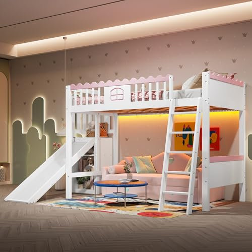 Kinderbett Etagenbett 90x200 mit LED-Leuchten, Hochbett mit Rutsche&Stauraumschrank&Leiter, Holzbett Bettgestell mit Rausfallschutz&Lattenrost, Funktionsbett Stockbett Spielbett Jugendhochbett, Weiß