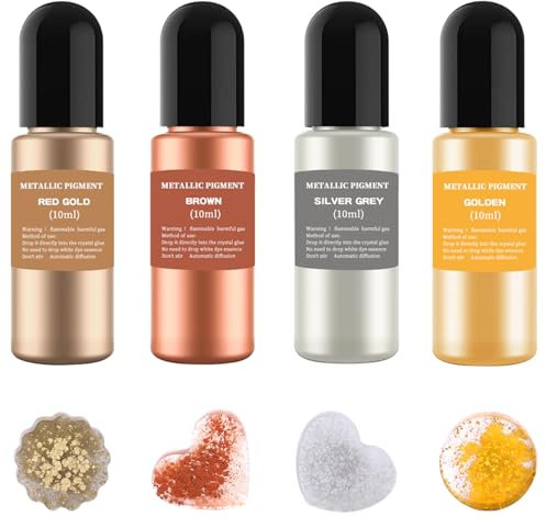 Zeevill Alcohol Ink Set, 4 Colour Metallic Dye, High Concentration Alcohol Ink for Epoxy Resin Dye, Safe and Fast Drying Effect, Art Painting, Glass, 10ml Each