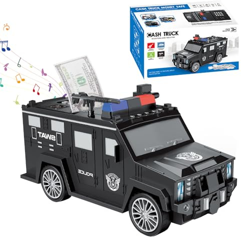 XUXLEKK Geldtransporter Sparschwein, Spardose für Kinder, Polizei-Auto Spardose mit Zahlenschloss, Polizeiauto Piggy, Sparbüchsen mit Passwortschloss, Automatisches Geldrollen Geschenk Mädchen & Junge