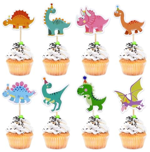 32 Stück Dinosaurier Cupcake Topper, Dino Kuchen Deko mit Dekospieße | Kuchendeko Dinosaurier, Dino Thema Geburtstagstorte Dekoration für Kindergeburtstag Baby Shower Party Deko