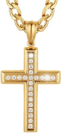 TTDGYYXW 24K vergoldete Massive Kreuz-Halskette für Männer und Frauen, Edelstahl-Religionsschmuck mit 24-Zoll-Figaro-Kette