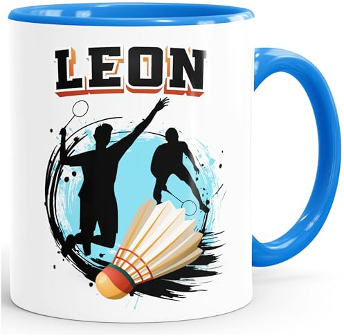 MoonWorks® Kindertasse Badminton Design Tasse Lieblingssport personalisiert mit Name Geschenkidee Badminton-Spieler Jungen Mädchen Weiss-innen-blau standard