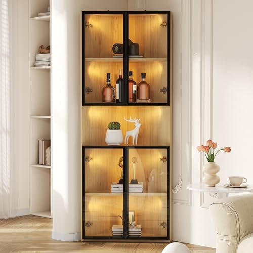 boorbin Vitrina de Cristal LED de 62x32x160 cm, Exterior de Roble, Tira de luz integrada, Vitrina de Cristal Templado Antipolvo, Vitrina esquinera con Puerta, Vitrina de colección, librería, vinoteca