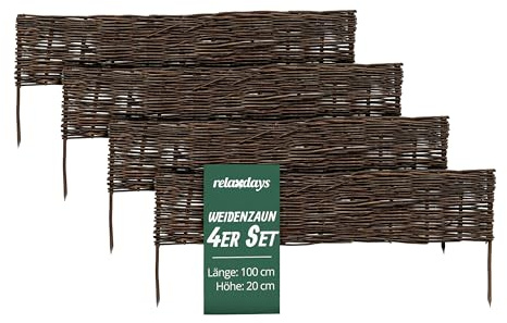 Relaxdays Beeteinfassung, Weide, 4er Set, HxB: 20 x 100 cm, braun | zum Stecken, Beet & Rasen, niedrige Beetumrandung