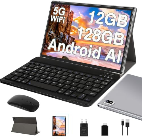 2026 Último Tablet 10 Pulgadas Android AI, 12GB RAM + 128GB ROM/TF 1TB, 5G WiFi, Octa-Core 2.0GHz, Bluetooth 5.0, 5MP+8MP, Certificación GMS, Widevine L1, Tablet 2-en-1 Con Teclado y Ratón – Gris
