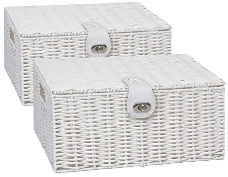 2 x Arpan Resin Woven Storage Hamper Basket Box with Lid & Lock (White - Medium)