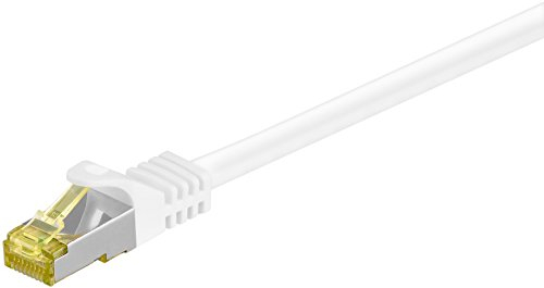 Cable de conexión RJ45 con cable raw CAT 7, doble blindaje, S-FTP hasta 600 Mhz, cable de cobre libre de halógeno, contactos dorados, 1 metro, blanco