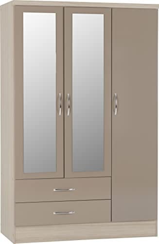 Seconique Nevada 3 Door 2 Drawer Wardrobe in Oyster Gloss/Light Oak Effect Veneer