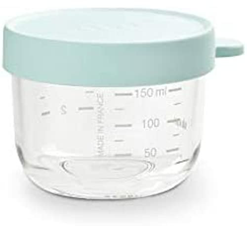 BÉABA, Portion Conservation Repas Bébé/Verre Extra Résistant, Made in France, 100% Hermétique, Résiste à la chaleur et Choc thermique, Congélation, Stérilisation, Graduation, 150 ml, Light Blue