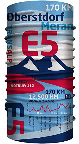 E5 Oberstdorf Meran Schlauchschal, nahtloses Multifunktionstuch 25 x 50 cm aus weicher Mikrofaser / Bandana Halstuch Mundschutz Loop Schal / Alpencross Transalp Fernwanderweg Alpenüberquerung COH