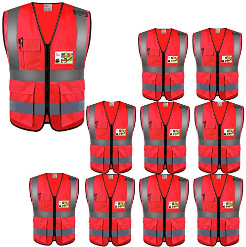 ZOJO Sicherheitswesten mit Taschen für Outdoor-Arbeiten, Radfahren, Joggen, Walking, Sport, passt für Damen und Herren, 10 Stück (XXL-Rot)