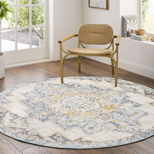 Livabliss Sun Orlando Vintage Round – 160x160 cm, Blue, Mustard & Beige