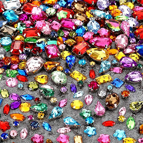 320 Stücke Nähen auf Strass Glas Kristalle Acryl Edelsteine mit Loch Silber Prong Einstellung Flatback Klaue Mix Form Mix Größe für DIY Handwerk Kleid Kleidung Schuhe Tasche Dekorationen