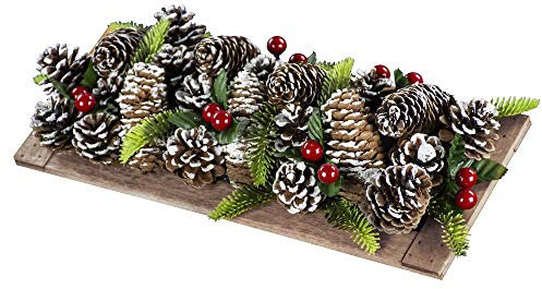 artplants.de Kunst Tannenzapfen Tischgesteck Augusta, Beeren, beschneit, 35x15cm - Tischdeko Weihnachten