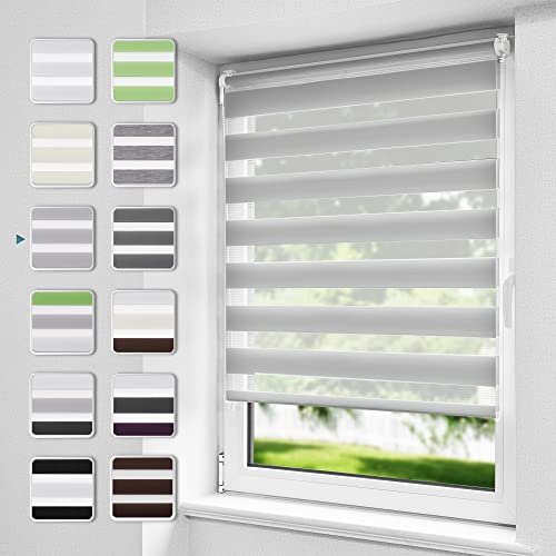 Buseu Store Enrouleur Jour Nuit sans Perçage, Installation Facile par Clips ou Vis, Rideau Occultant à Tissu Double pour Fenêtre ou Porte, Gris, 55l x 120L cm