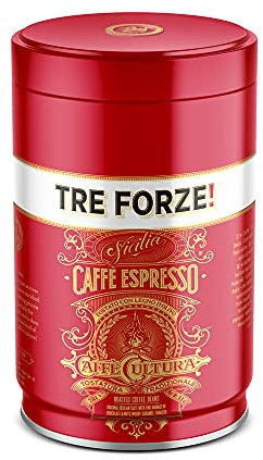 TRE FORZE! Espresso Caffè 250g in hochwertiger Dose - Espresso Bohnen Traditionelle Röstung über Olivenholzfeuer In Handarbeit - Premium Kaffeebohnen für Vollautomat und Siebträger