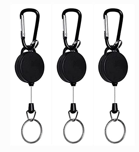 3 PCS Retractable Badge Reels, Extendable Key Chain Keyring, Key Lanyard Key Belt Reel Keychain Clips for Key Ring ID Card Badge Holder, Black