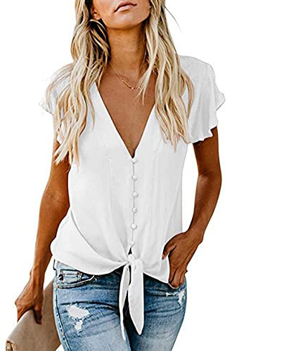 Betory Women's Summer V Neck Tank Tops Tie Front Button Up Casual Loose Sleeveless Shirts Blouse Vests, 3 White, M