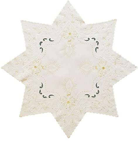 Tischdecke Tischläufer Mitteldecke Deckchen Stern Weihnachten Bestickt mit Kerzen in Gold auf Creme farbigem Untergrund (Stern 85 cm)