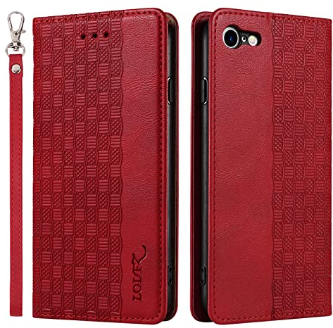 LOLFZ Case for iPhone 6 iPhone 6S, Leather Flip Wallet Case Card Slots Kickstand Wrist Strap Protective Magnetic Phone Case Cover for Apple iPhone 6 / iPhone 6S - Red
