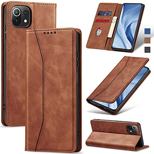 Jasonyu Coque pour Xiaomi Mi 11 Lite 5G NE/4G, Housse Etui en Cuir PU Portefeuille [Antichoc] [Magnétique] [Porte Cartes] [Stand Fonction] Flip Coque (Marron)