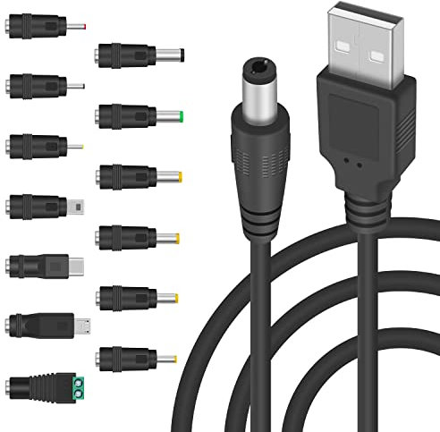 Duttek Cable de alimentación USB a CC, USB 2.0 macho a CC 5.5 x 2.1 mm macho barril Jack 5 V cable de alimentación cable de alimentación con 13 puntas de conector compatible con DVR, USB-Hub, cámara,