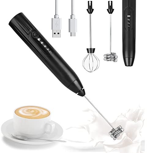 Milk Frother, Handheld Foamer Maker with 2 Stainless Egg Whiskers, USB Rechargeable Coffee Frother, 3-Speed Adjustable Mini Blender, for Cappuccino, Latte, Coffee, Egg, Hot Chocolate (Black)