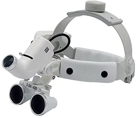 BONEW 5 W LED Chirurgische Medizinische Stirnlampe Stirnband 3,5 x 420 mm Vergrößerung Binokular Lupe mit verstellbarer Lampe, verstellbarer Pupillendistanz (Silber)