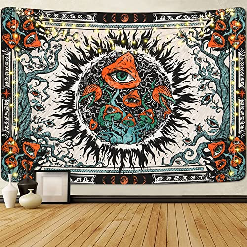 Yrendenge Pilz Wandteppich Brennende Sonne Wandtuch Hippie Augen Wandbehang Mandala Reben Tapestry Mond Wandteppiche Aesthetic für Schlafzimmer, 210 * 150cm(83 * 59 inch)