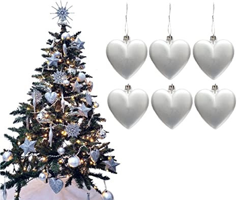 6pc Large Heart Xmas Baubles (Matte) - Great Christmas Tree Decorations, Heart Baubles (Silver)