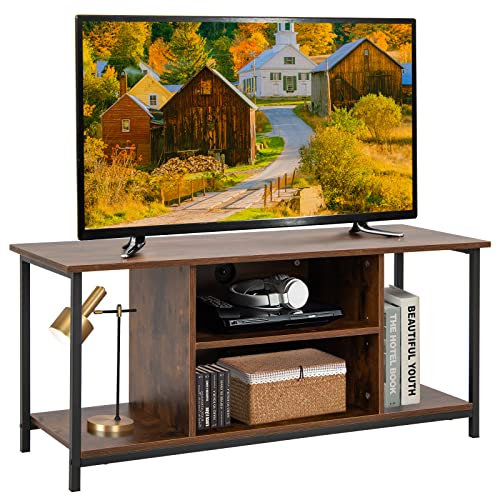GIANTEX Mueble de TV de Estilo Industrial, Mesa de Televisión con Laminado Ajustable, Tabla Baja para Televisores de hasta 110 cm, Compartimento Abierto, Color Marrón