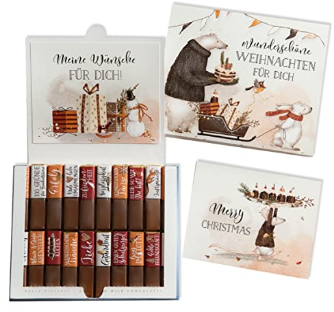 Schokoladenseite Aufkleber-Set & Banderole für Merci Schokolade mit vorgedruckten Aufklebern für Weihnachten | Geschenk für Freunde und Familie | Inkl. 2 Glückwunschkarten (Weihnachtstiere)