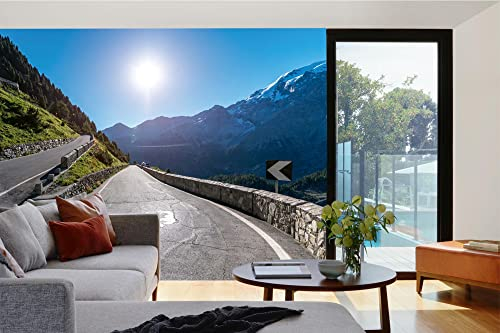 Vlies Fototapete STRAßE IN DEN ALPEN 375 x 250 cm (inkl. Kleister) - Vlies Tapete, Wandtapete, Wandbilder - Tapete für Wohnzimmer Schlafzimmer, Büro, Küche - Montagefertig