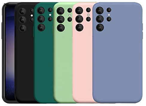 Cover in Silicone per Samsung Galaxy S23 Ultra (6,8), 5 Custodia Morbida in TPU Silicone Opaco Sottile con Protezione della Fotocamera (Nero + Verde Scuro + Verde + Rosa + Azzurro)