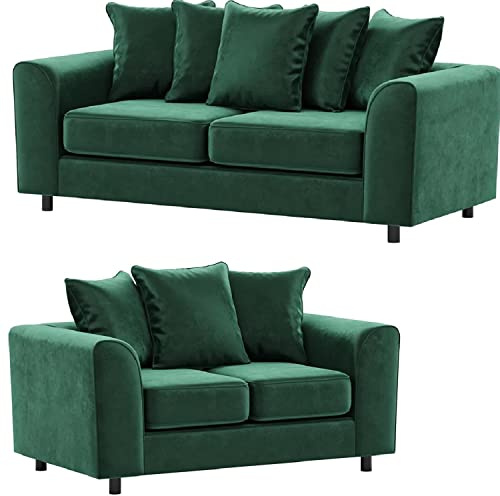 Furnishings For Less UK Brooklyn Green 3 + 2 Sofa Suite Seater Sofa Plush Velvet Full Foam seating Scatter Back (Green, Sofa Suite (3+2 Sofa Set))