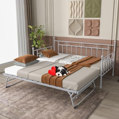 FULLJOJOR Tagesbett mit Ausziehbett, Metall Twin Size Tagesbett mit Pop Up Ausziehbett, Twin Day Bed Sofa Bett für Erwachsene Gäste, Robuste Stahl-Lattenstütze, Keine Federbox erforderlich