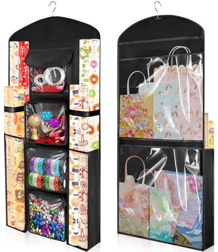 Organisateur de stockage de papier d’emballage cadeau sur la porte, noir accrochant double-face conteneur de sac d’emballage de Noël, support de rouleau d’emballage présent pour placard