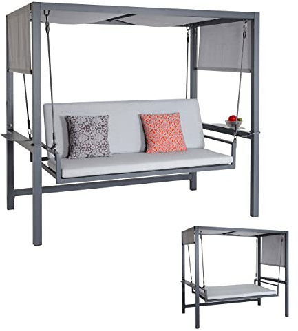 Alu-Hollywoodschaukel HWC-L47, Gartenschaukel Hängeschaukel Liegefunktion, Dach Textil Olefin 195x221x131cm Polster grau