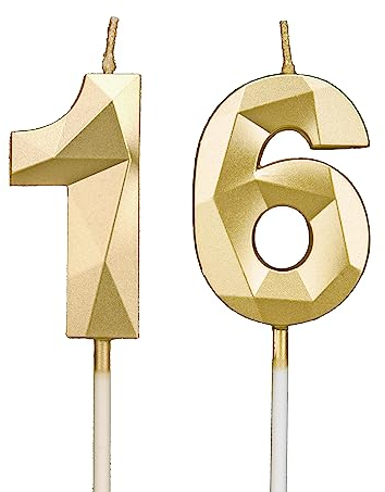 Geburtstagskerzen Zahlen 16，3D Gold Kerzen Geburtstag für Kuchen geburtstagsdeko, Geburtstag Kerzen Zahlen, Geburtstagskerzen Kinder für Partys, Hochzeiten, Firmenfeiern, Jubiläen (Gold, 16)
