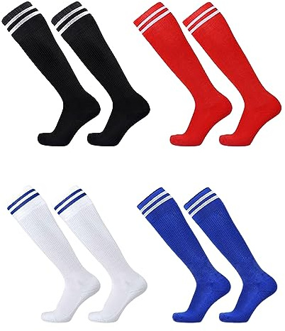 MIVAIUN 4 Pares Medias de Fútbol para Niños, Calcetines Fútbol Hasta Rodilla Calcetines de Entrenamiento Deporte Largos para Fútbol, Baloncesto, Hockey, Rugby, Niños de 5-12 Años(Black,Blue,White,Red)