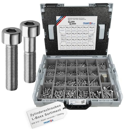 FRANTOS L-Boxx Sortimentskoffer mit Zylinderschrauben DIN 912 ISO 4762 in Edelstahl A2-1.500 tlg. + 4 Winkelschlüssel I Zylinderkopfschrauben Sortiment Schraubensortiment