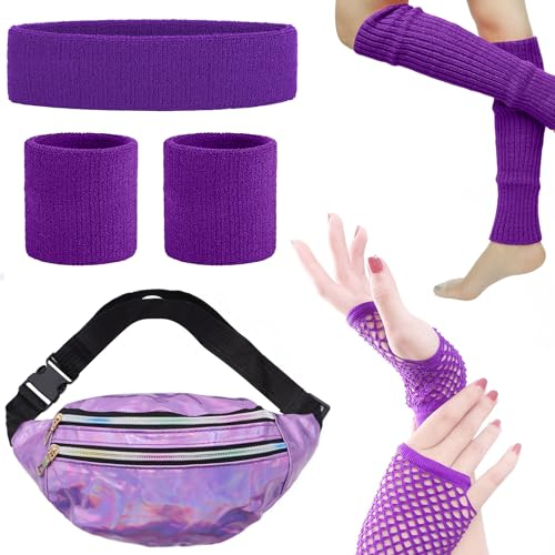 SPOKKI 80er Jahre Outfit Damen Set, 80er Aerobic Outfit, Laser Gürtel Tasche, Lila Armband Stirnband Leggings Netzhandschuhe, Neon Kleidung Damen 80er Jahre Accessoires (8er-Pack, Lila)