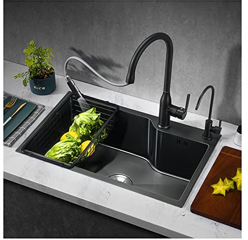 Aufsatz-Küchenspüle mit Sieb, Edelstahl-Einzelbeckenspüle, handgefertigte Drop-In-Spüle, geeignet für Küchenbar, Bauernhaus (Farbe: A, Größe: 65 x 45 cm)