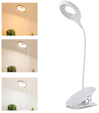 Marstey LED Desk Lamp Clip On Light, Portable Bedside Reading Light, Flexible Clamp Night Clip On Lamp with 3 Color Temperatures, USB Rechargeable Eye Caring Bed Light for Bedroom Study Work