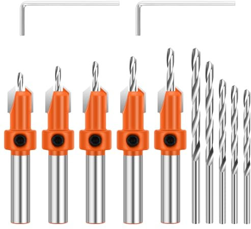Countersink Drill Bit Set 5Pcs,10mm Adjustable Quick Release Countersink Set,Include 5Pcs Free Replaceable Drill Bits,HSS Drill Bit,Counter Sinker Drill Bit Set for Woodworking (A)