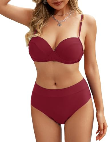 Rayson Maillot de Bain Femme 2 Pieces Elégant et Rembourré Push up Bandeau Bikini Maillots Deux Pieces Imprimé Floral Bikini Ensemble Femme(Bourgogne, L)