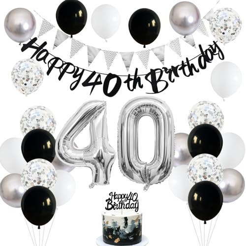 40th Birthday Decorations for Women Men, Black Silver White Balloons, 40th Banner Cake Topper Number 40 Foil Balloon for 40 Year Old Birthday Party Decor