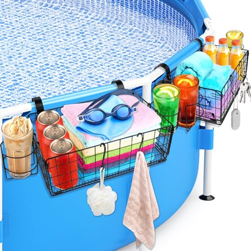 EBANKU Lot de 2 paniers de rangement au bord de la piscine, accessoires de piscine hors sol, panier de rangement pliable en métal avec porte-gobelets, panier à jouets de piscine/conteneurs de