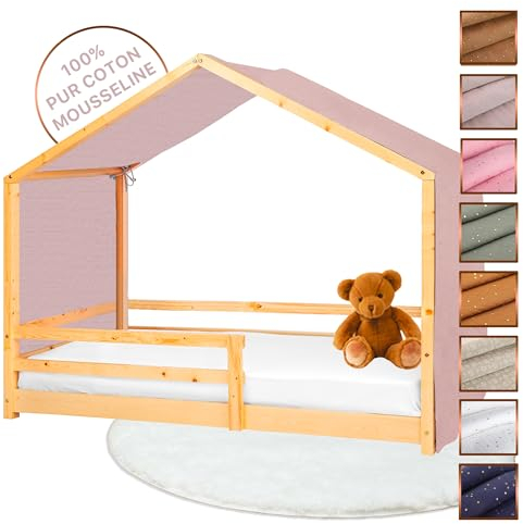 Lovely Hippo Hausbett Himmel - 100% Baumwolle Betthimmel Hausbett aus Musselin - Bett Vorhang Kinderbett - Himmelbett Vorhänge für 80x160 & 90x200 (Blütenblatt/Gold, 97 x 402cm, Ohne Tasche)