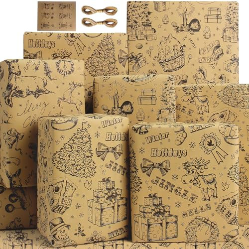 Papier Cadeau Noël Vintage Naturel Rétro Épais Kraft - Papier d'Emballage Brun Noir pour Vacances - Idéal pour Femme, Homme, Garçon, Fille